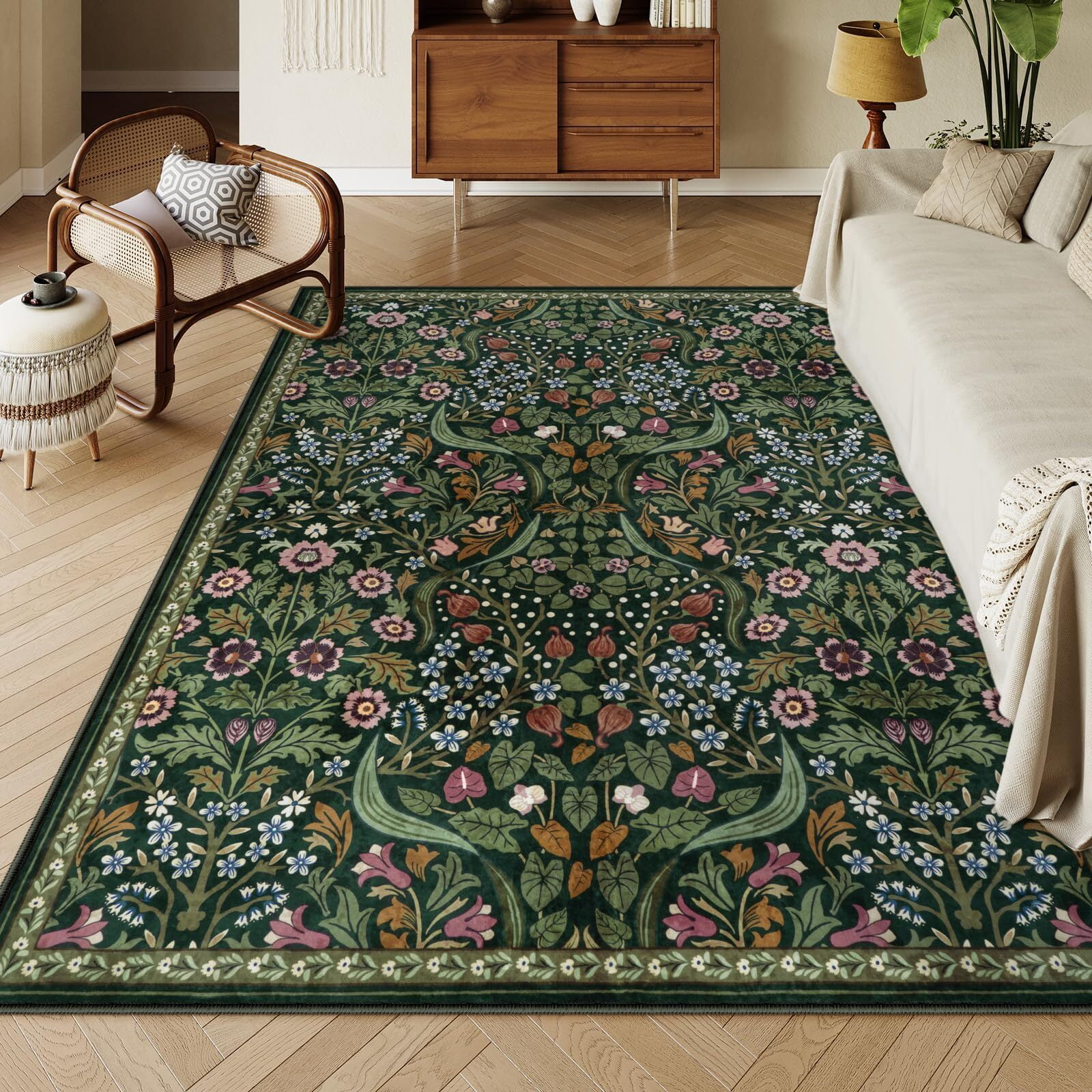 Lahome Floral Washable 8'x10' Rug, Large Rugs for Living Room, Green Soft 8 x 10 Boho Bedroom Rugs, Non Slip Botanical Ultra Thin Floor Carpet for Dining Room Nursery, Green