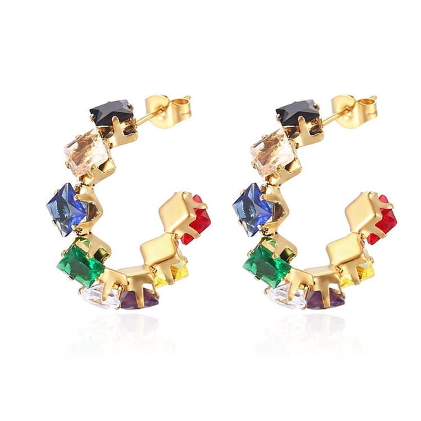 Nvzi Pendientes de acero inoxidable con circonita cúbica, sencillos y modernos pendientes de diamantes arcoíris de acero de titanio (color)