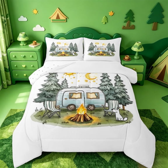Catabedysis Watercolor Cartoon Camping Full Size Comforter Sets,Dog Camper Print Bedding Comforter Set For Boys,Multicolor,Reversible,3pcs,1 Comforter and 2 Pillowcases