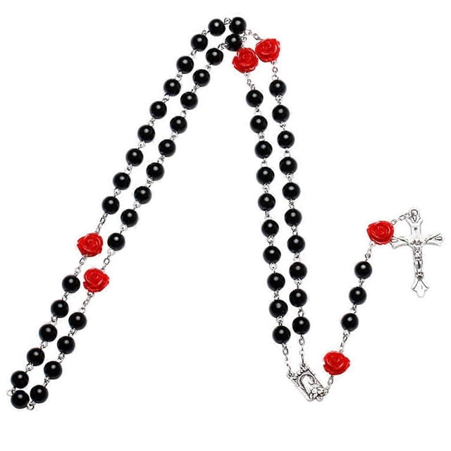 Collares largos con colgante de cruz católica y rosario de cuentas de vidrio