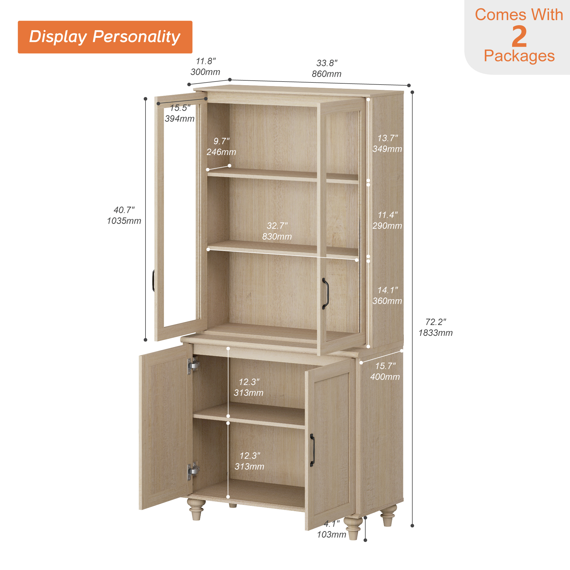 72.1"H × 33.9"W Large Farmhouse Wooden Bookcase with Glass Doors & Shelves, Storage Cabinet Bookcase for Living Room, Bedroom, Home Office & Kitchen, Beige