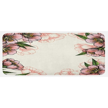Peach Kitchen Mat, Hand Drawn Botanical Pattern Spring and Summer Flowers Blooming Nature Theme, Plush Decorative Kitchen Mat with Non Slip Backing, 47" X 19", Coral Green Yellow, by Ambesonne
