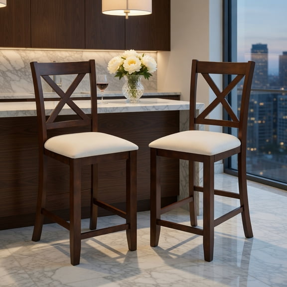 Kadyn Modern Farmhouse Counter Height Stools with Footrest, Padded Cushion and Walnut Finish for Kitchen Island, Breakfast Bar, Rustic Dining Seating, Walnut