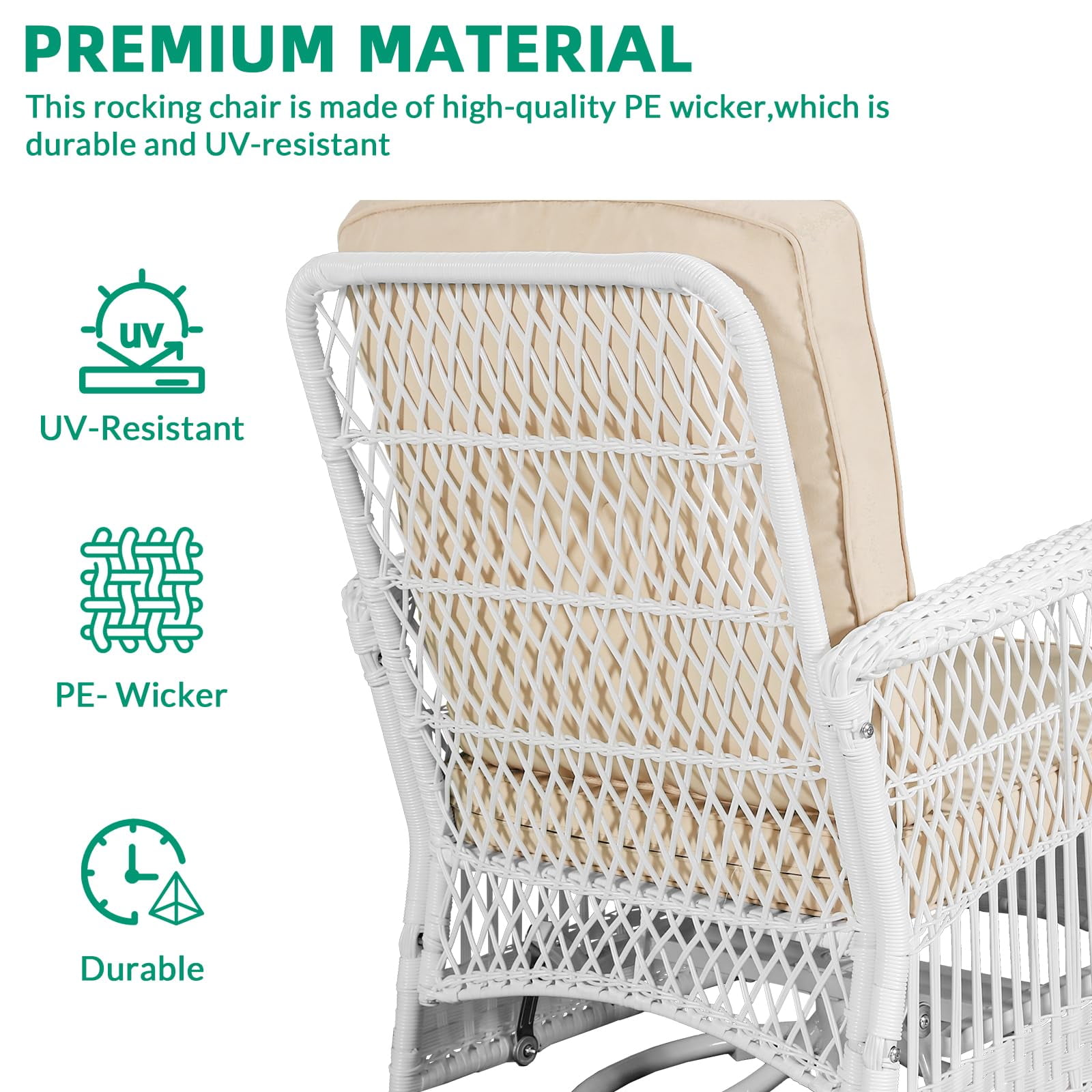 VIVIJASON 3-Piece Outdoor Conversation Bistro Set, Patio Swivel Glider Rocking Chairs Rattan Furniture Sets w/ 2 White Rattan Chairs, Glass Top Side Table for Porch Backyard, Beige Cushions