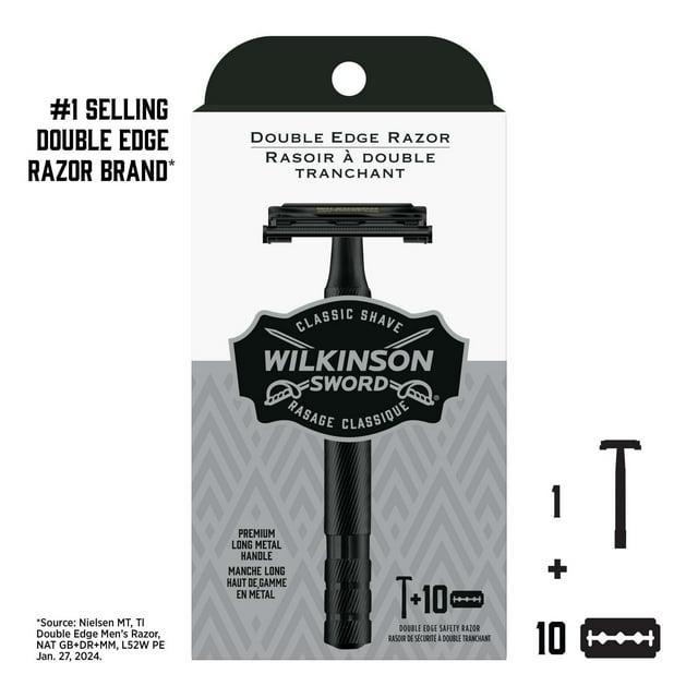 Wilkinson Sword Safety Double Edge Safety Razor for Men with Black Handle + 10 Razor Blades