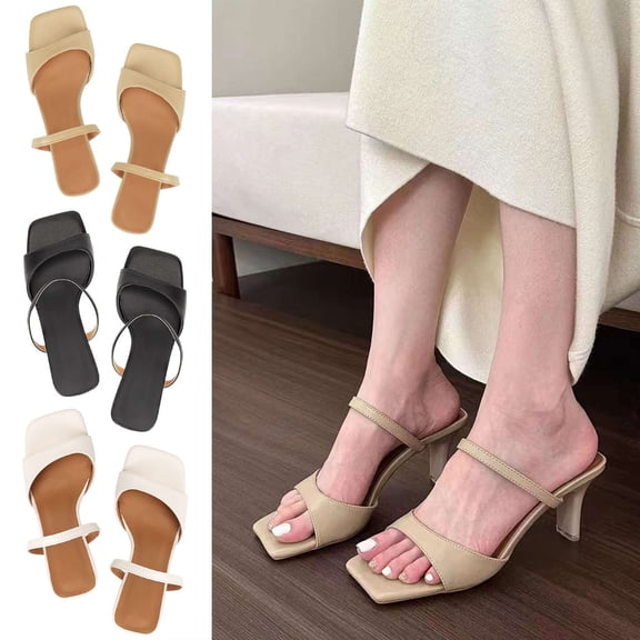 BadPiggies Square Toe Heeled Sandals for Women, Double Band Low Block Heel Sandals 2.8in Chunky Dressy Sandal Mules