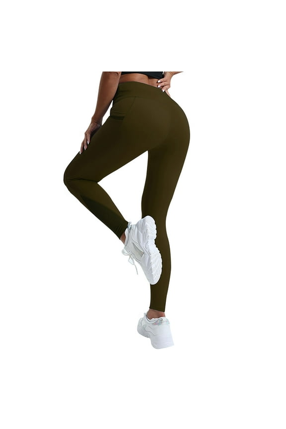 No Boundaries Women's Butt Lift Yoga Leggings With Pockets,Ladies High-Waisted Tummy Control Yoga Pants,Womens Tights for Workout Running Athletic,Army Green,Size L