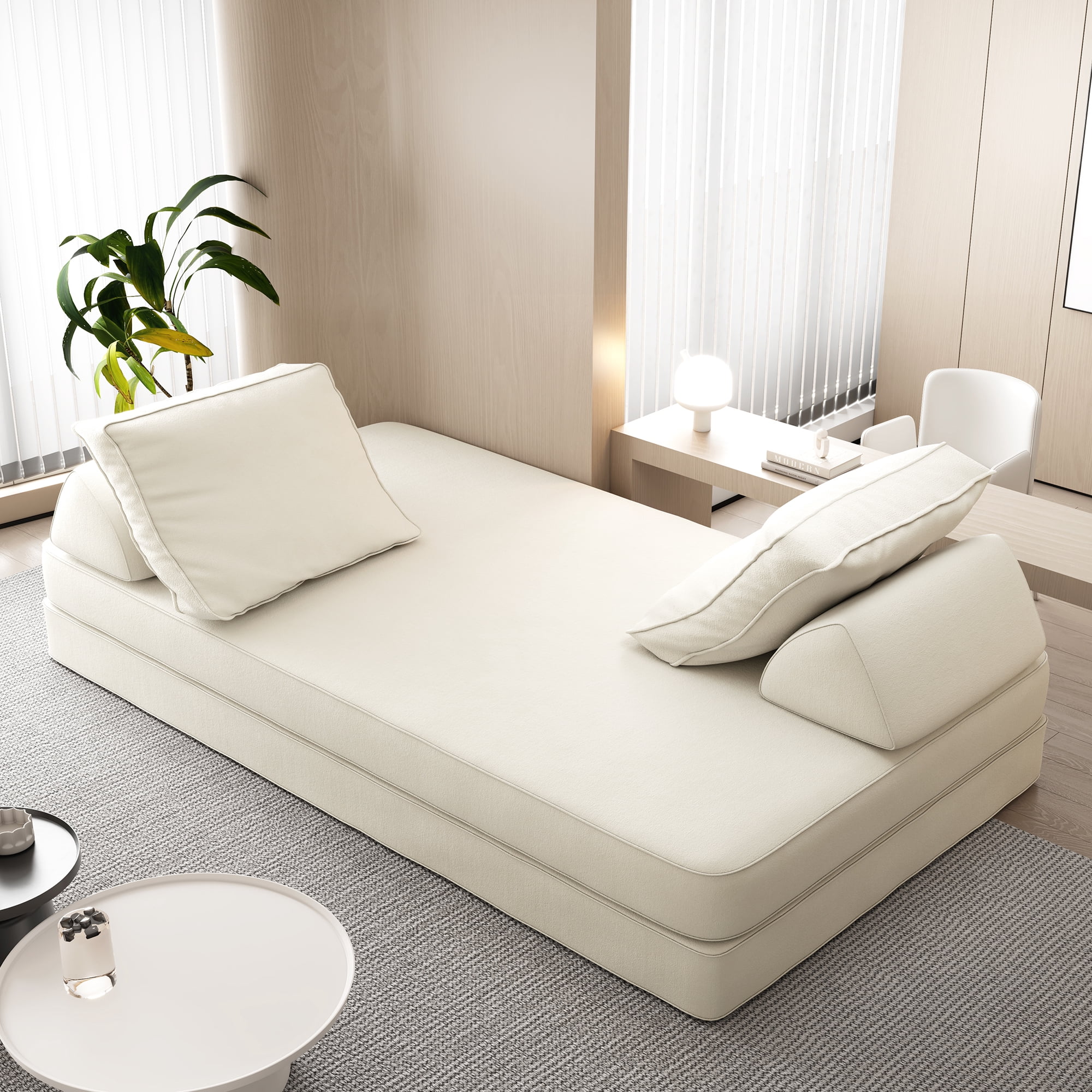 Miniyam Convertible Modular Floor Sofa Bed, Chenille Floor Couch with Backrest for Living Room, Beige