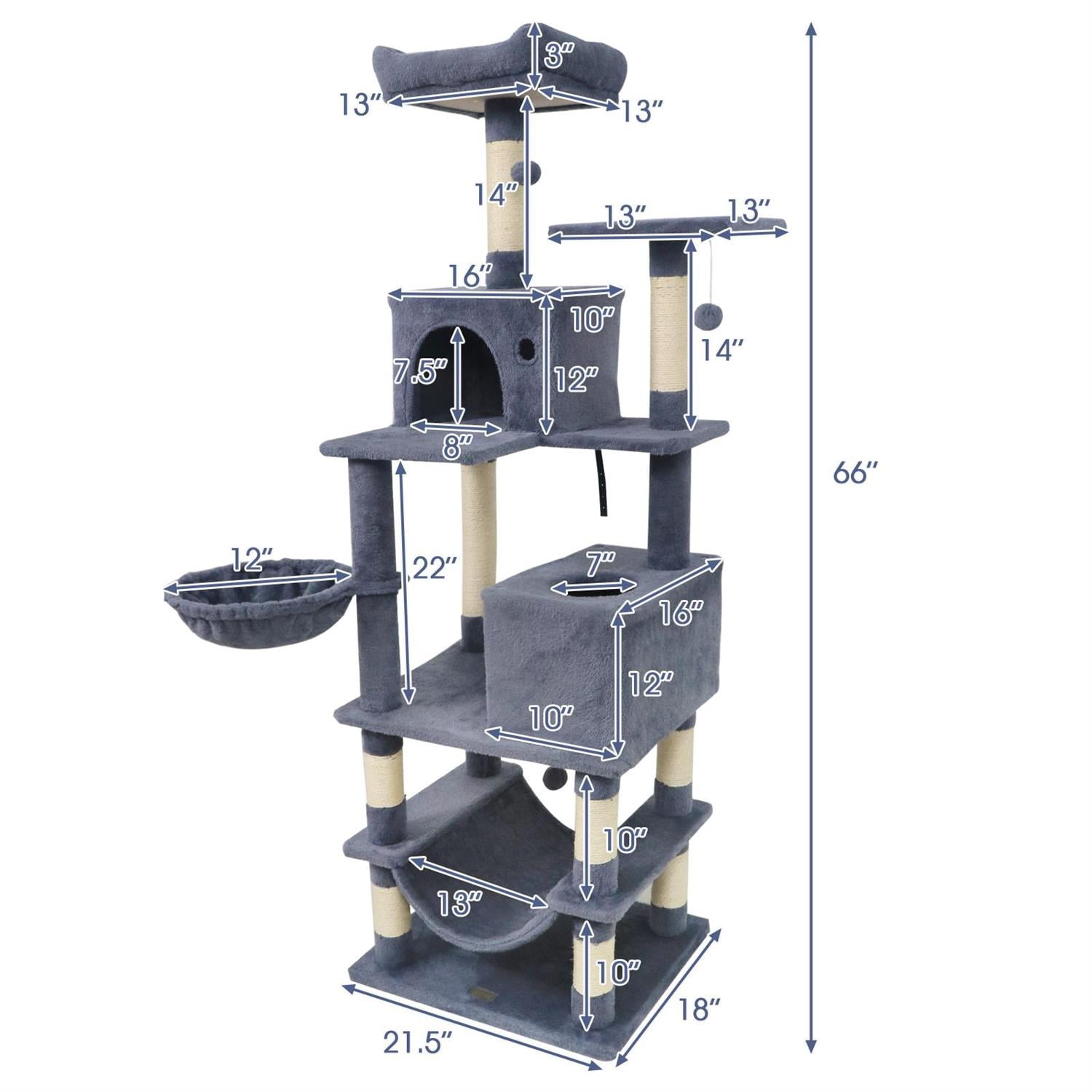 Pefilos 66" Tall Multi-Level Cat Tree, 2 Condos & Sisal Scratching Posts, Hammock & Dangling Balls, Dark Gray