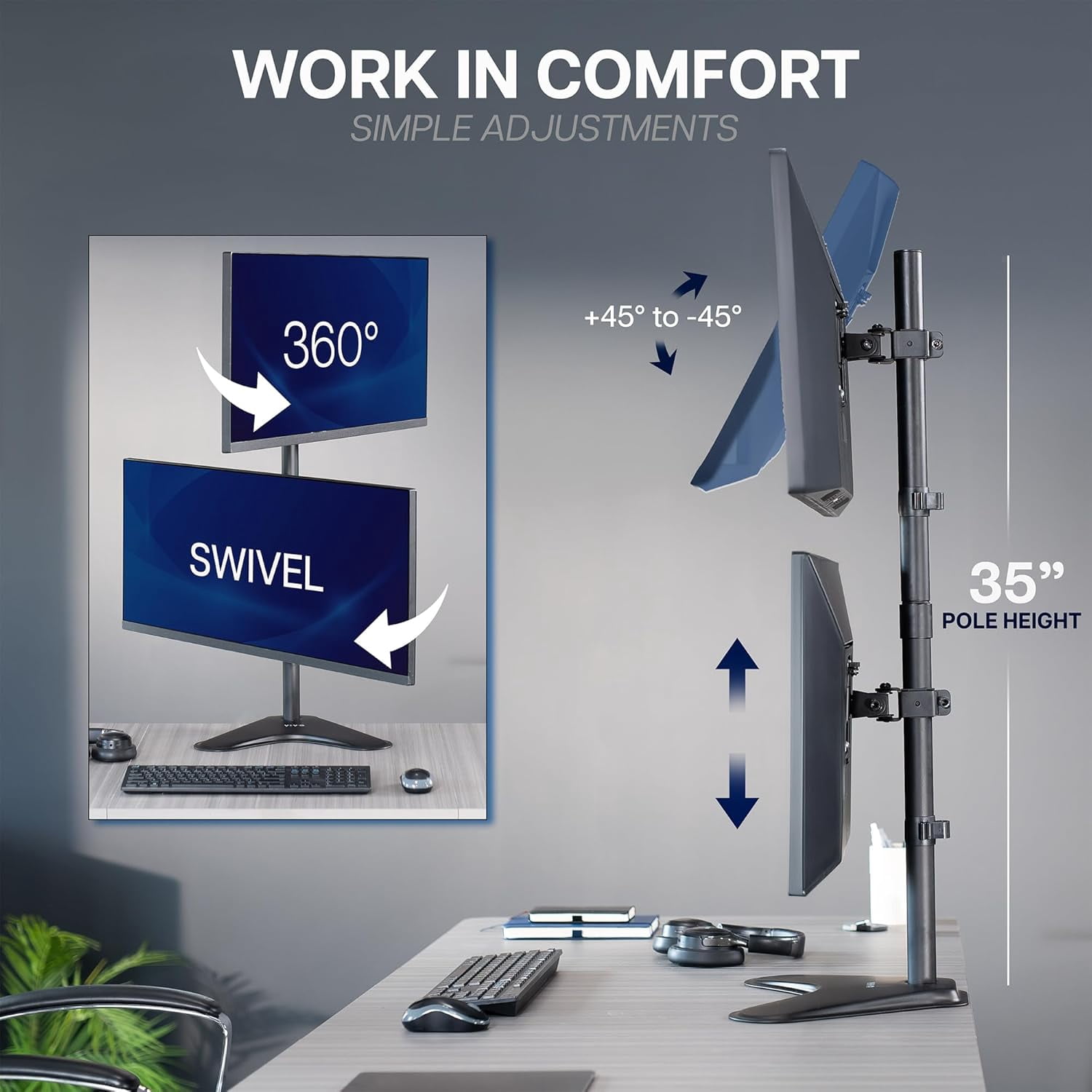 Dual Monitor Desk Stand -Standing LCD Mount for 2 Ultrawide Screens  to 34 inches, Black, STAND-V002L