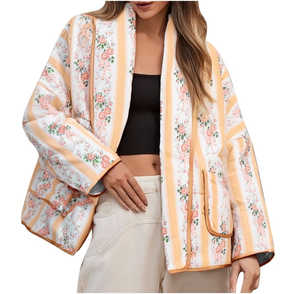 SwiftWear Women's Floral Print Quilted Puffer Jacket Stand Collar Cardigan Coat Casual Long Sleeve Outerwear Trendy​​, Yellow