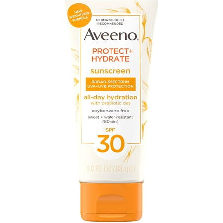 4 Pack - Aveeno Protect + Hydrate Moisturizing Body Sunscreen Lotion with Broad Spectrum SPF 30 & Prebiotic Oat, Weightless, 3 fl. oz