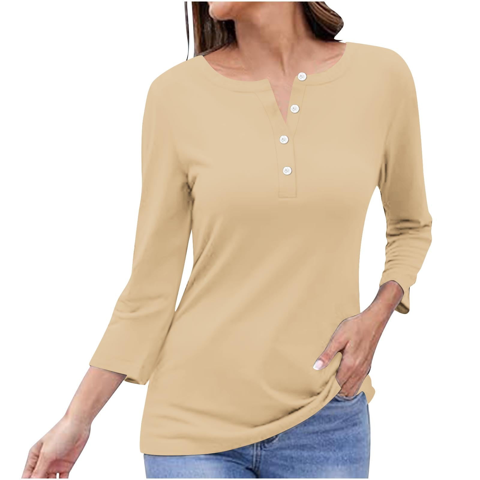 Timegard Tops for Women Long Sleeve Notched V-Neck Button Shirts Solid Color Fall Casual Loose Comfy Tops