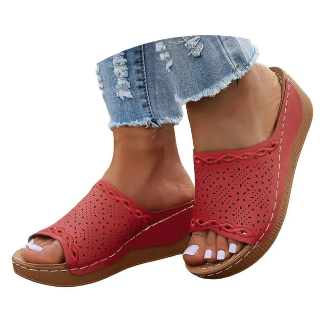 Dakaela Sandales Orthopédiques Compensées pour Femmes 2025 Respirantes Été Bout Ouvert Chaussures Décontractées Rouges 9.5