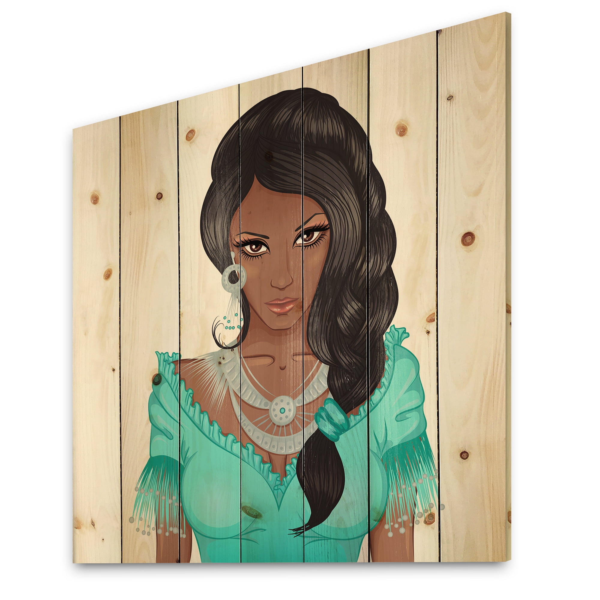 Designart 'Portrait Of Afro American Woman XVI' Modern Print on Natural Pine Wood