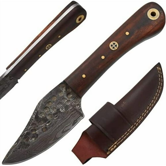 Damascus Steel Skinner Fixed Knife Rose Wood with Sheath