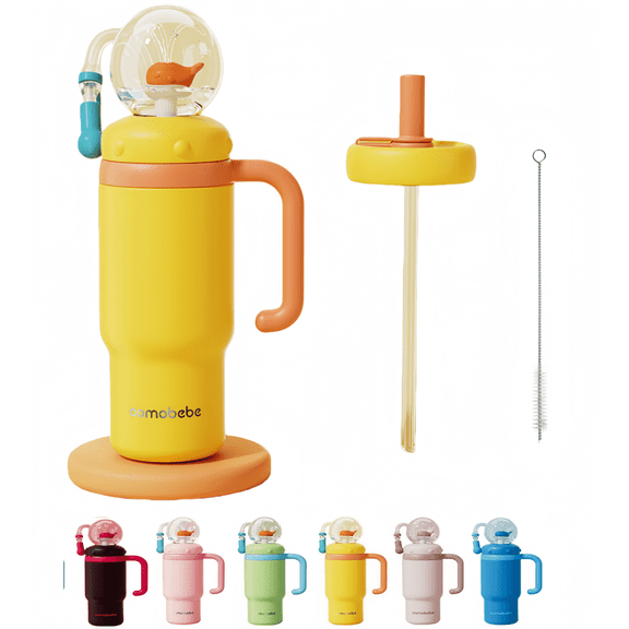 Arsey Whale Fountain Tumbler With Handle Two Lids 24 Oz Water Bottle, Cute Sippy Cup For Kids Teens Adults, Yellow