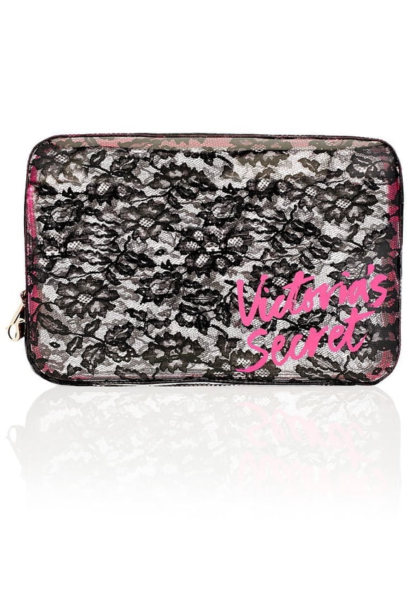 Makeup Cosmetic Bag Clear Black Lace Print New