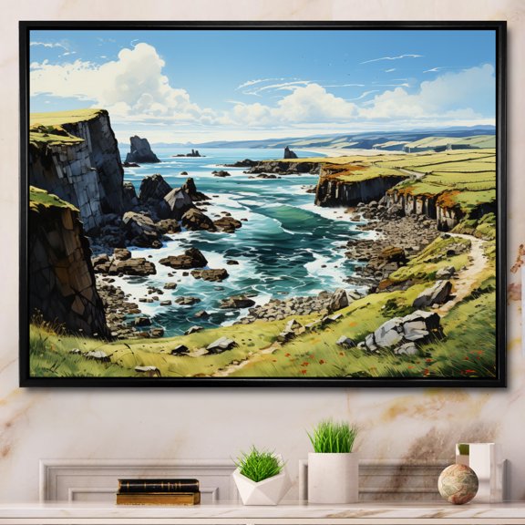 Designart "Peninsula Cilf Ireland Dingle wall art I" Landscapes Floater Framed Canvas Wall Art