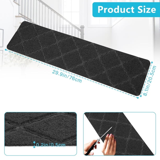 AKOZLIN Carpet Stair Treads Non-Slip – 7 Pack Self-Adhesive 8x30 Inch Stair Runners For Wooden Steps, Black Leaf Design – Safe For Dogs, Elders & Kids