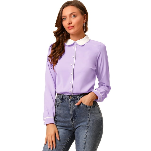 INSPIRE CHIC Women's Button Up Doll Collar Long Sleeve Work Shirt Light Purple S