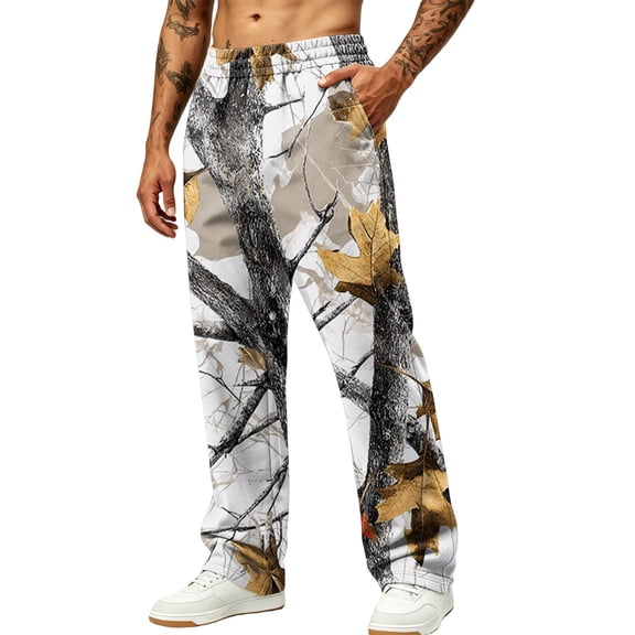 Havenx Mens Camo Pants Wide Leg Dry Leaf Print Elastic Waist Pants with Pockets Open Bottom Camouflage Wear Jogger Workout Casual Fashion Loose Fit Clothes,Gray XL