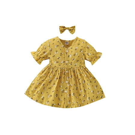 

IZhansean Toddler Baby Girl Summer Floral Dress Short Sleeve Button Down Dress Tunic Sundress with Headband Yellow 18-24 Months