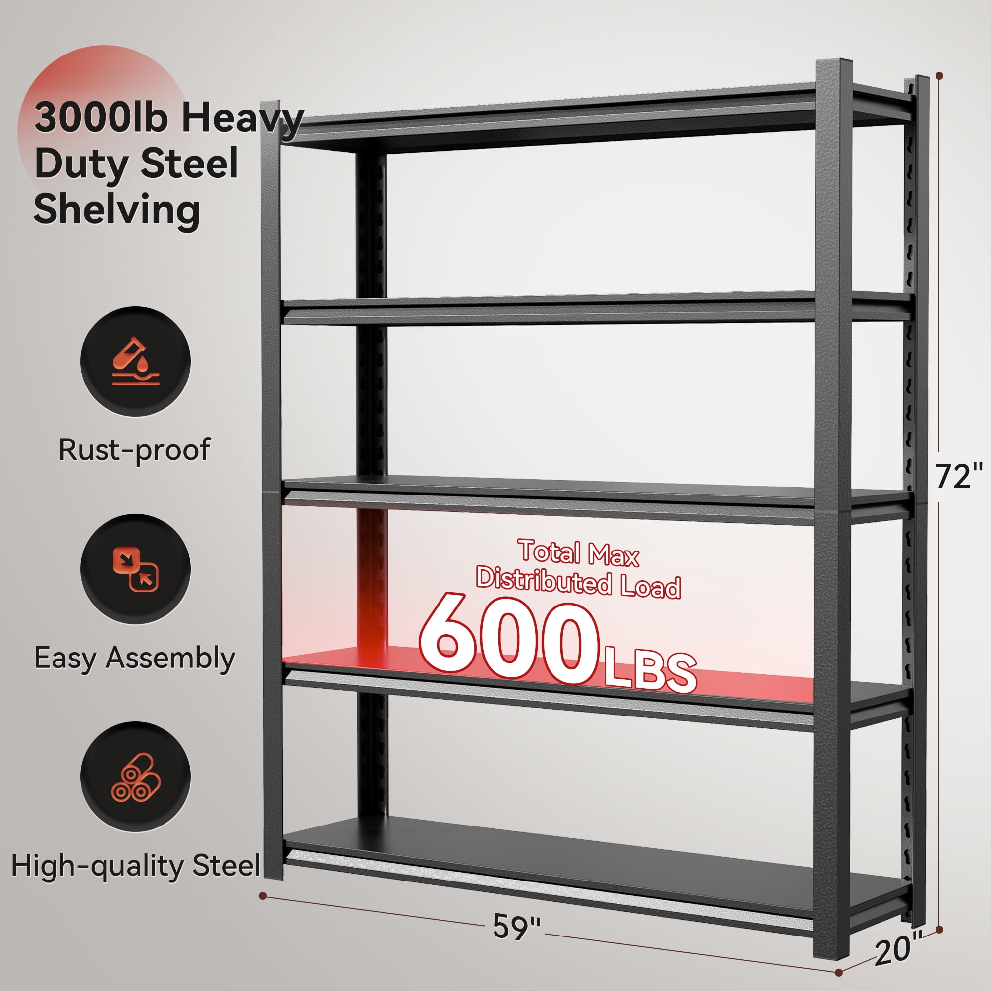 Welfiya 5-Tier Garage Shelving,59"W Storage Shelves,3000LBS Heavy Duty Shelving, Adjustable Metal Shelving Units for Storage Rack for Shed Warehouse Basement, Black,59"W x 20"D x 72"H