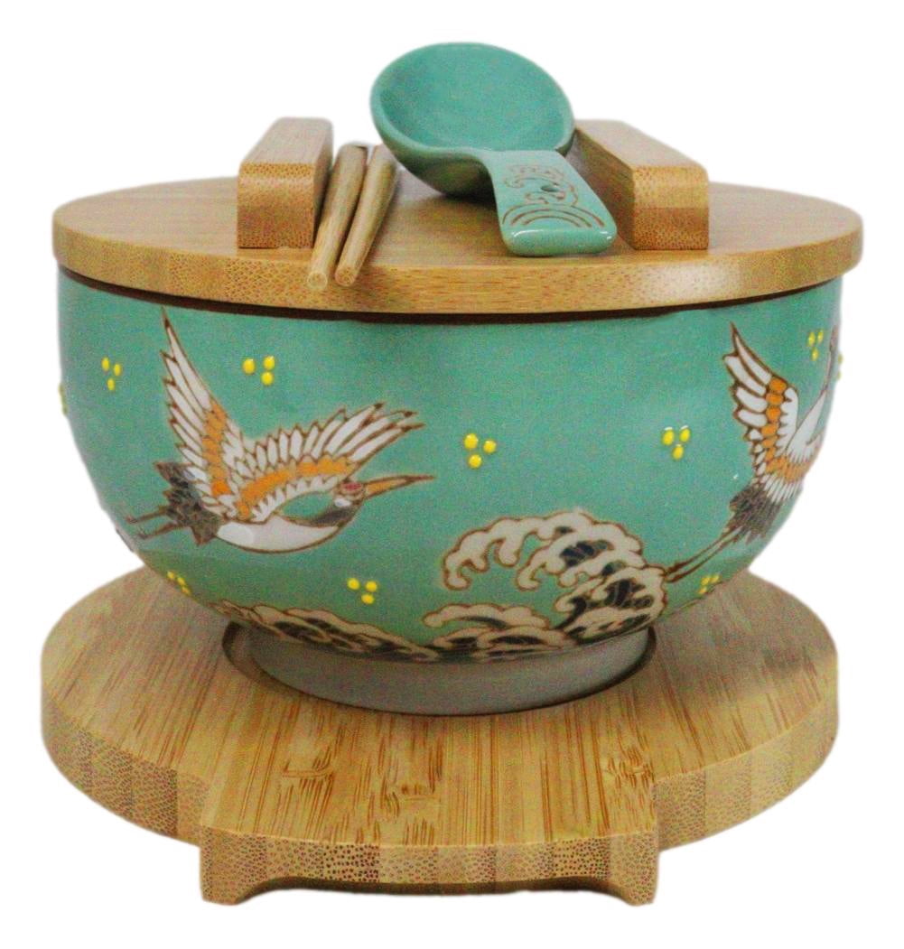 Turquoise Japanese Crane Donburi Ramen Bowl With Lid Trivet Spoon Chopsticks Set