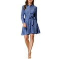 thumbnail image 1 of Vestido de camisa abotonado con cinturón de manga larga y lunares para mujer Inspire Chic XL azul, 1 of 6