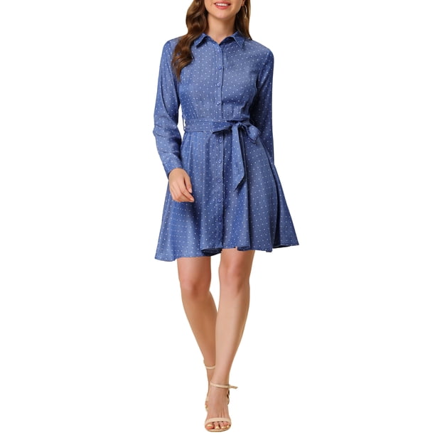 INSPIRE CHIC Vestido de Camisa de Manga Larga con Botones y Cinturón de Lunares para Mujeres XS Azul