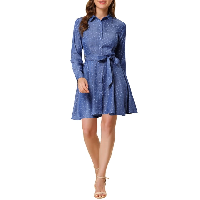 Vestido de camisa abotonado con cinturón de manga larga y lunares para mujer Inspire Chic XL azul
