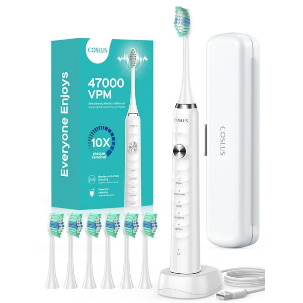 Cepillo de dientes eléctrico sónico COSLUS, recargable para adultos, cepillo de dientes de viaje con base de carga y cabezales, estuche de viaje.