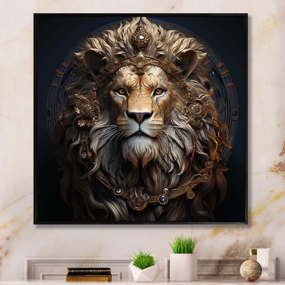 Designart "Crowned Lion in Portrait I" Animals Framed Wall Art - Traditional Brown Lion Entryway Framed Wall Art Print