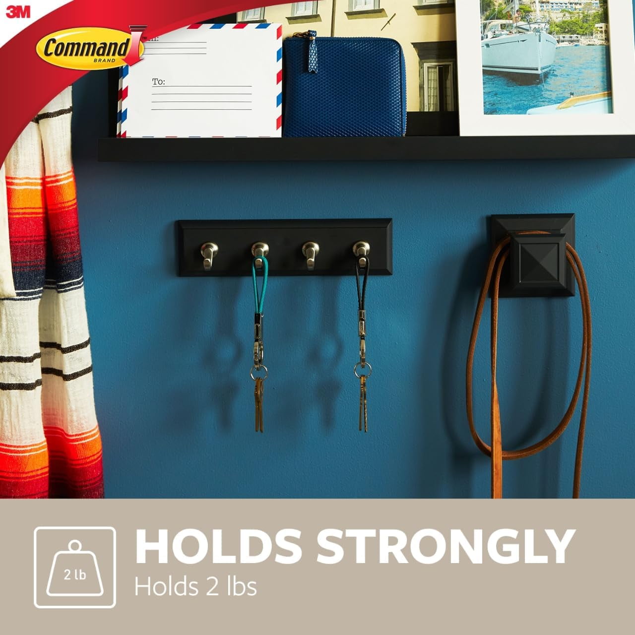 FEFEFW-Command Key Rail, Holds up to 2 lb, 8-inch Rail with 4 Key Hooks and 6 Command Strips, Slate, Removable Key Hooks for Entryway or Hallway, Hang Keys, Hats, Dog Leashes, and Accessories