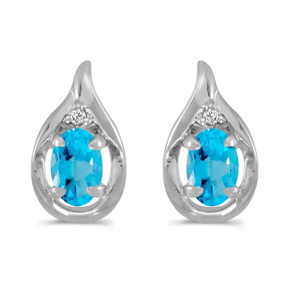 10k White Gold Oval Blue Topaz And Diamond Earrings
