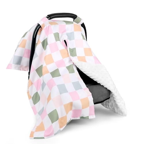 Ultra-soft and breathable baby car seat cover, baby seat cover with peephole, nursing cover, car seat sunshade, colorful checkered pattern. Suitable for all seasons.