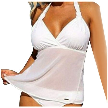 Womens Swimsuits Solid Color Lace Up Spaghetti Strap Camisole Tops And Panty Set Two Piece Tankini Swimsuits For Women Swimwears Sportwear White XXL