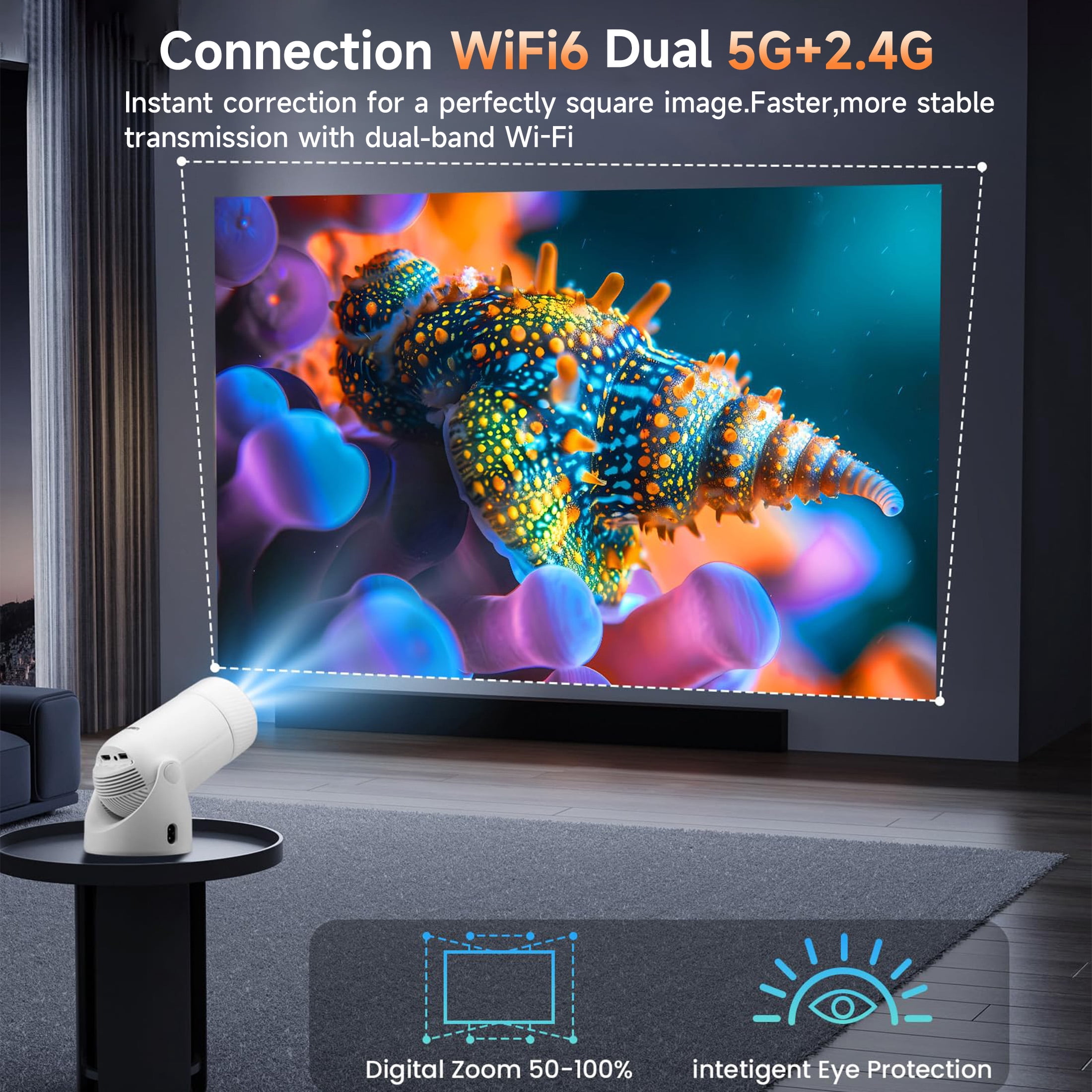 2026 BDQ New Mini 4K Portable Smart Projector with WiFi 6 & Bluetooth 5.4, Auto Keystone, 180°Rotation, Android 13 Auto Keystone Correction,35"-130" Screen Video Projector