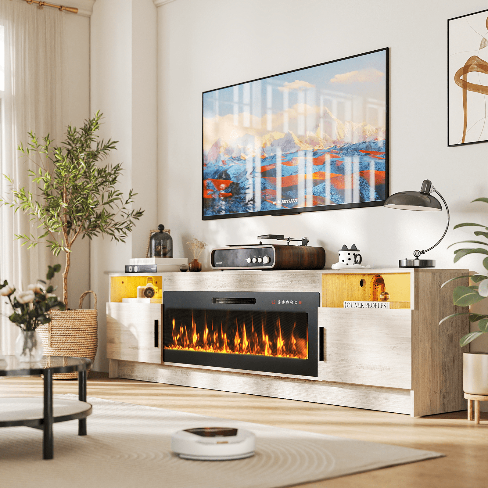 Flictozena 80" TV Stand with Fireplace and LED Lights - Entertainment Center for 90 inch TVs, Modern TV Cabinet with High-Gloss Storage Doors for Living Room, Gray
