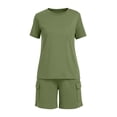 thumbnail image 4 of Women's 2 Piece Home Wear Crew Neck Short Sleeve Tops Elastic Waist Pockets Shorts Summer Comfy Lounge Sets (XL, Army Green), 4 of 6