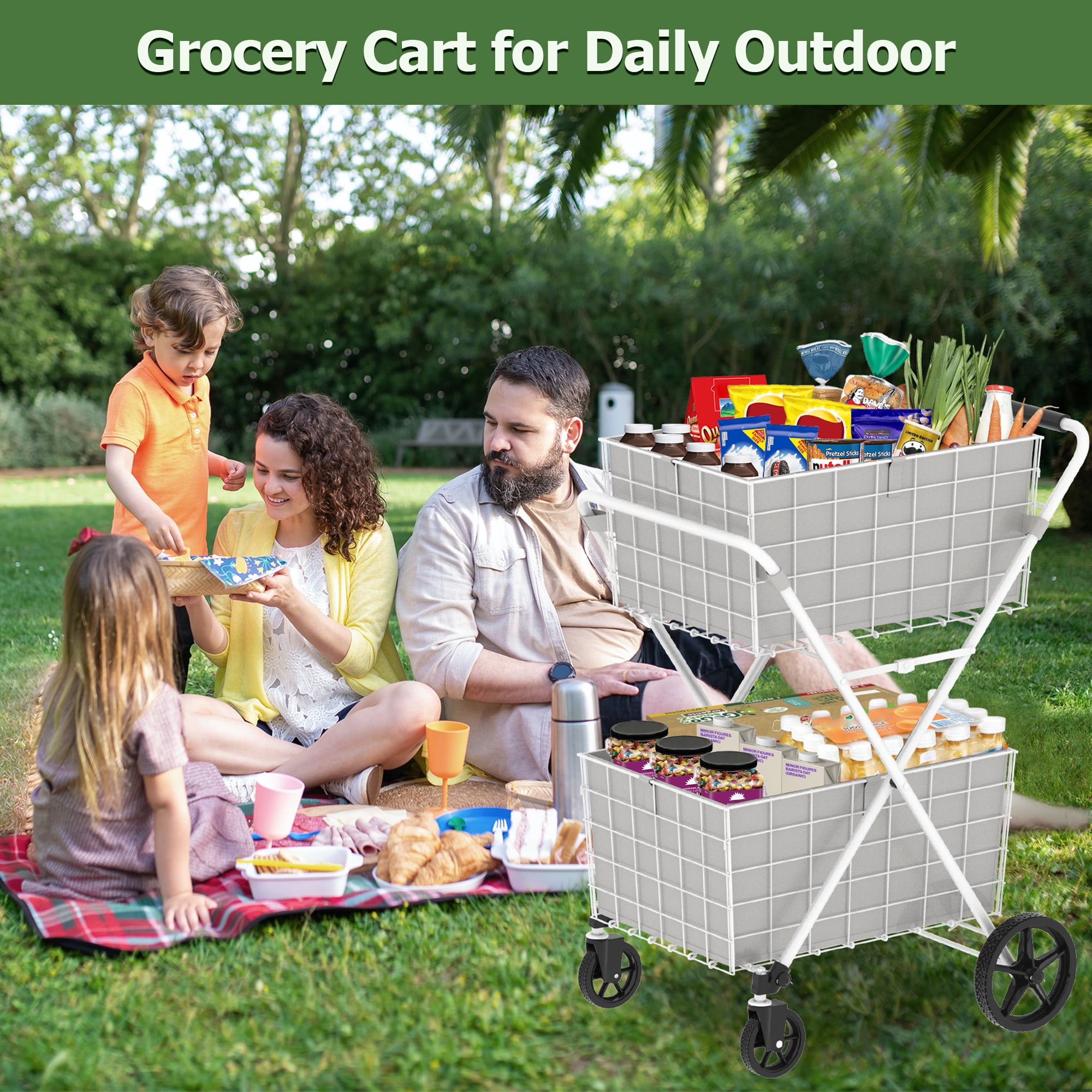 Yoneston 2-Tier Rolling Shopping Cart with 2 × 60L Baskets, 220 LBS Load Capacity Foldable Utility Cart for Groceries, Laundry, Kitchen, White
