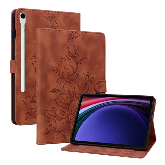 XYX for Samsung Galaxy Tab S7/Tab S8 Case, PU Leather Slim Folio with Multi-Angle Stand, Brown Lily Flower