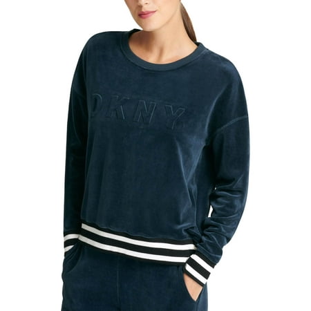 DKNY Womens Sport Boxy Fit Velour Long Sleeve Raised Logo Pullover Sweatshirt