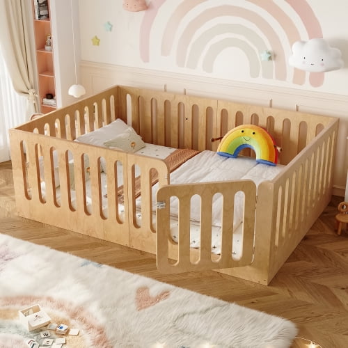 Full Size Floor Bed with High Fence and Door, Solid Wood Low-Profile Montessori-Style Bed for Bedroom, Playroom, No Box Spring Needed, Natural