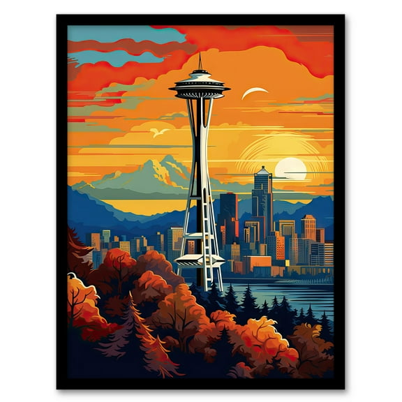 Seattle Washington The Space Needle Funky Modern Painting Art Print Framed Poster Wall Decor 12x16 inch