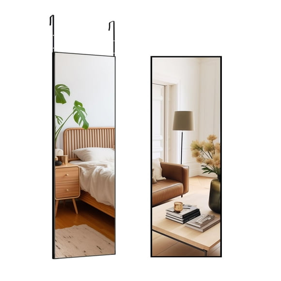 BONEWEI Door Mirror Full Length 14"x48" Black Over The Door Mirror Hanging Mirror for Bedroom,Cloakroom,Dorm Room,Bathroom,Living Room