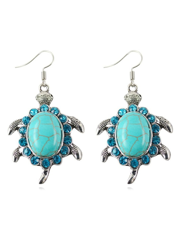 Blue Turquoise Style Crystal Dangle Drop Turtle Woman Earrings Anti-Tarnish Rowena J  Jewelry J-393