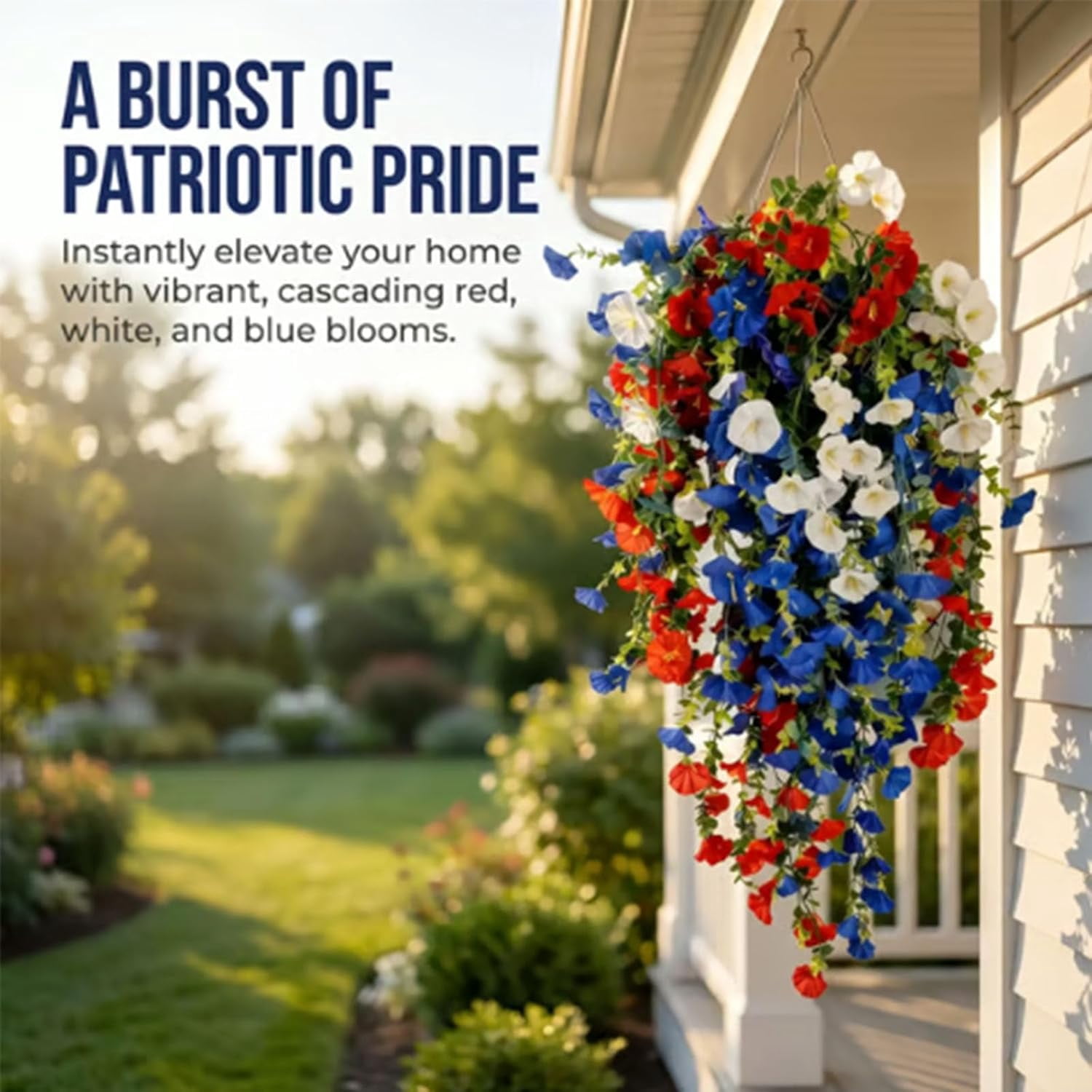 KUNPENG 24" Red White and Blue Artificial Flowers Hanging Basket Faux Floral Plant for 4th of July Veterans Day 250th Anniversary Front Porch Outdoor Patio Home Decorative Objects Decor Accent