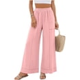 thumbnail image 4 of Cagogo Women Wide Leg Pants Cotton Linen Elastic Waist Casual Loose Long Trousers with Pockets Travel Lounge Solid Beach Clothes, Pink XL, 4 of 7